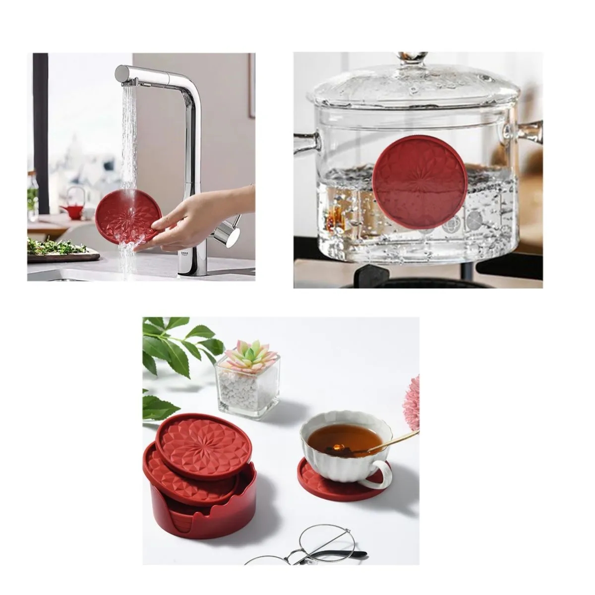 6Pack Silicone Round Coaster with Non-Slip Non-Stick Holder 4