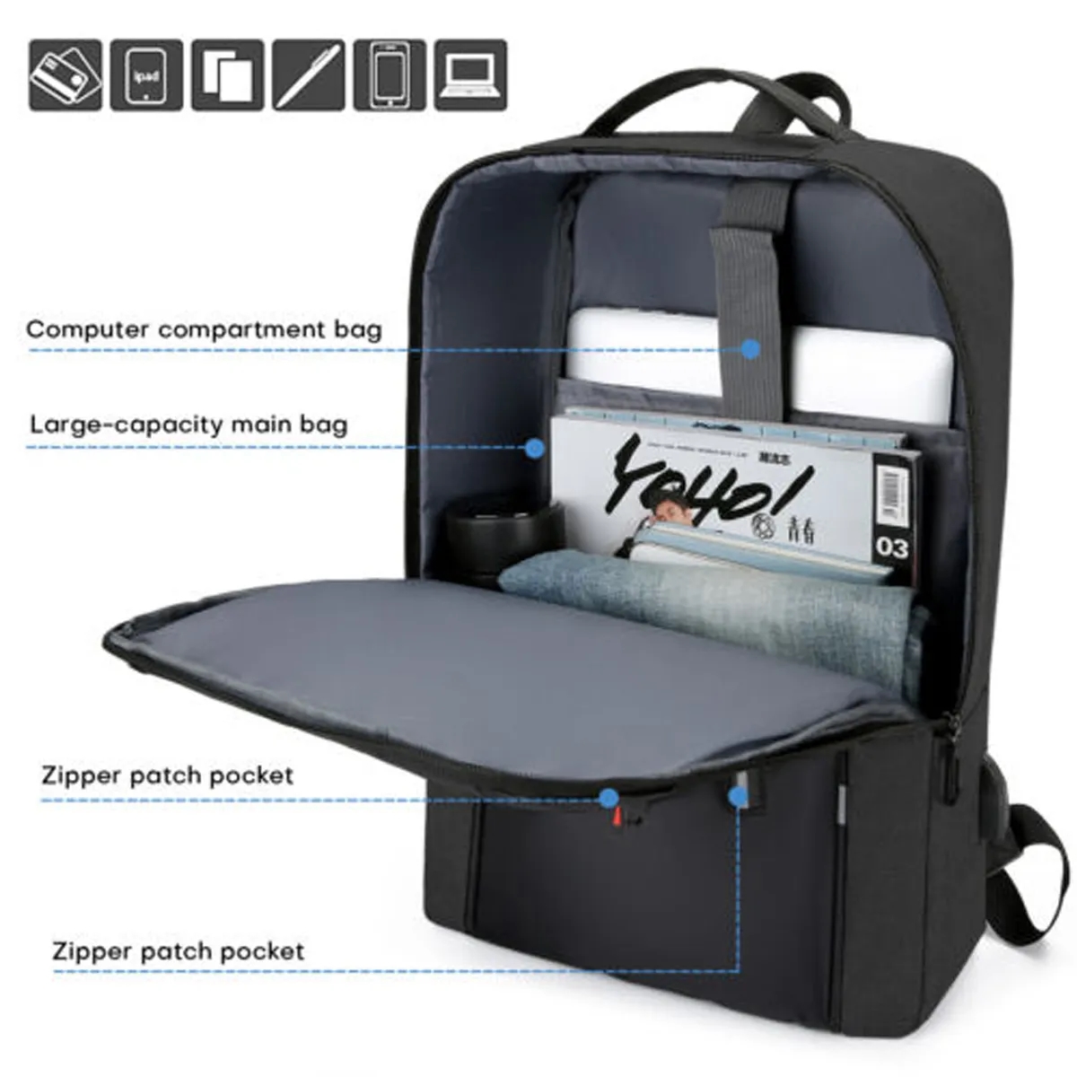 17" Large Slim Laptop Backpack Travel Bag w/ USB Charge Port 3