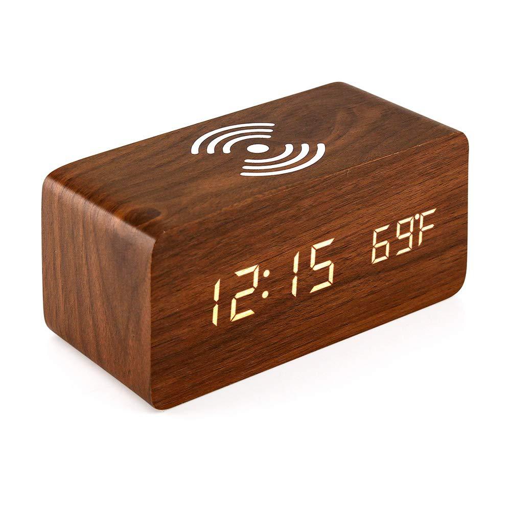 5W Wooden Qi Fast Wireless Charger w/ Digital Led Clock 6
