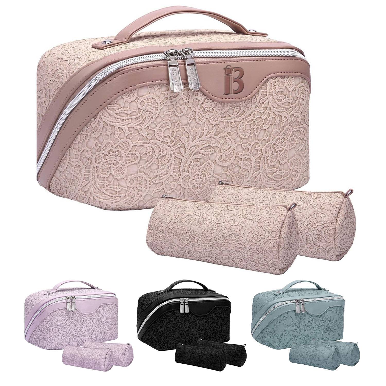 Leather Lace Embossed Waterproof Toiletry and Makeup Bag