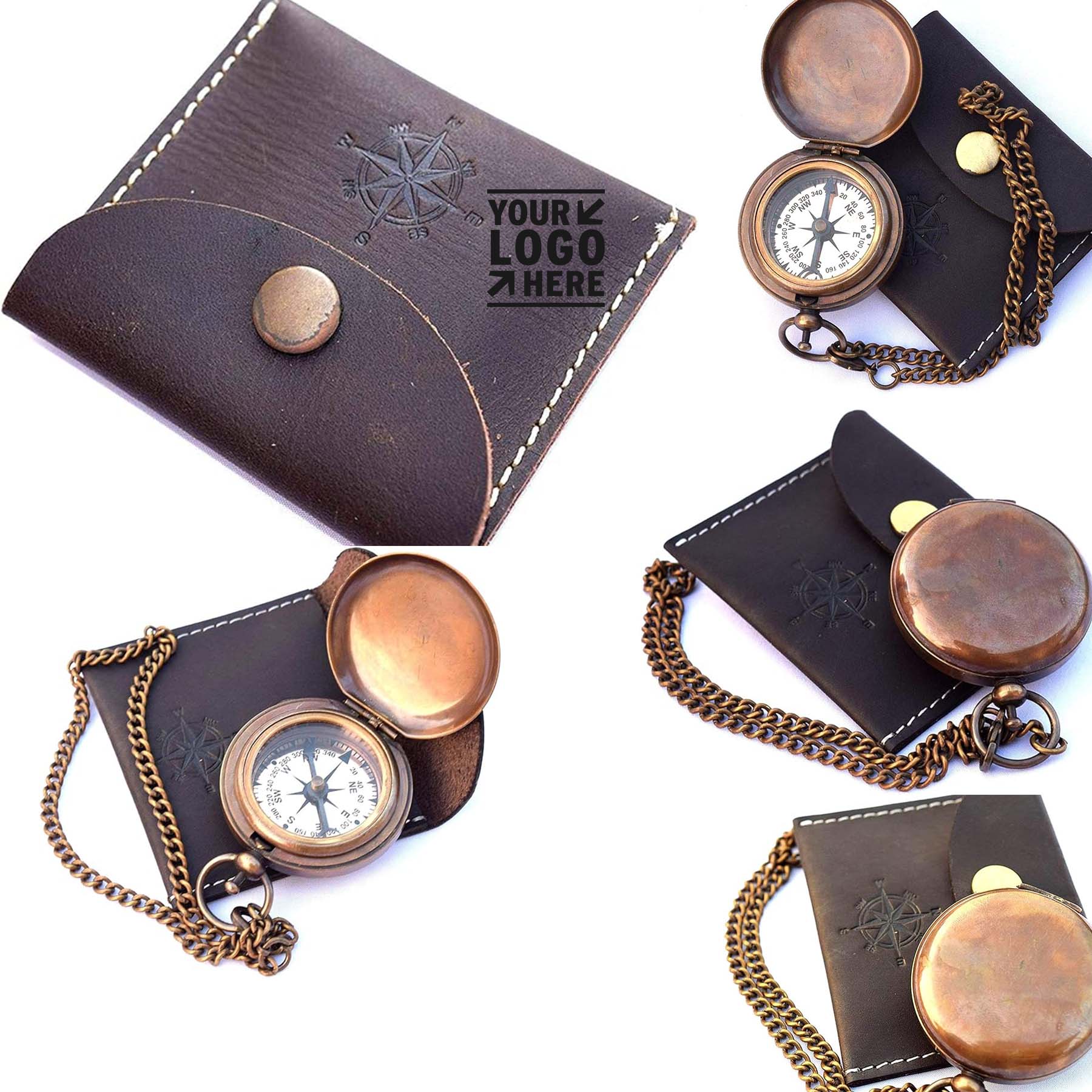 Handmade Nautical Brass Push Open Pocket Compass On Chain With Leather Case