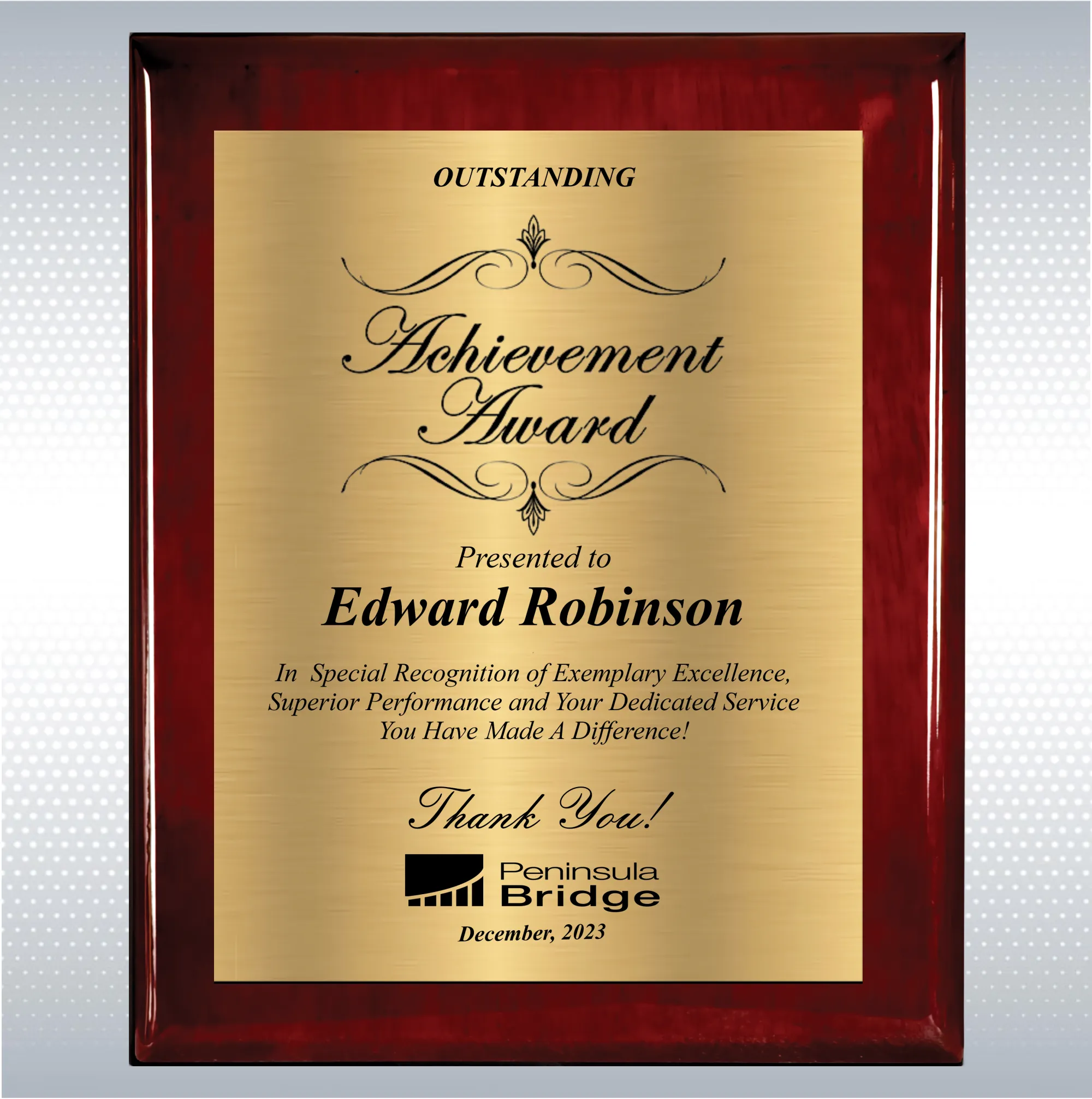 Rosewood Piano Wood Excellence Employee Recognition Plaque 18