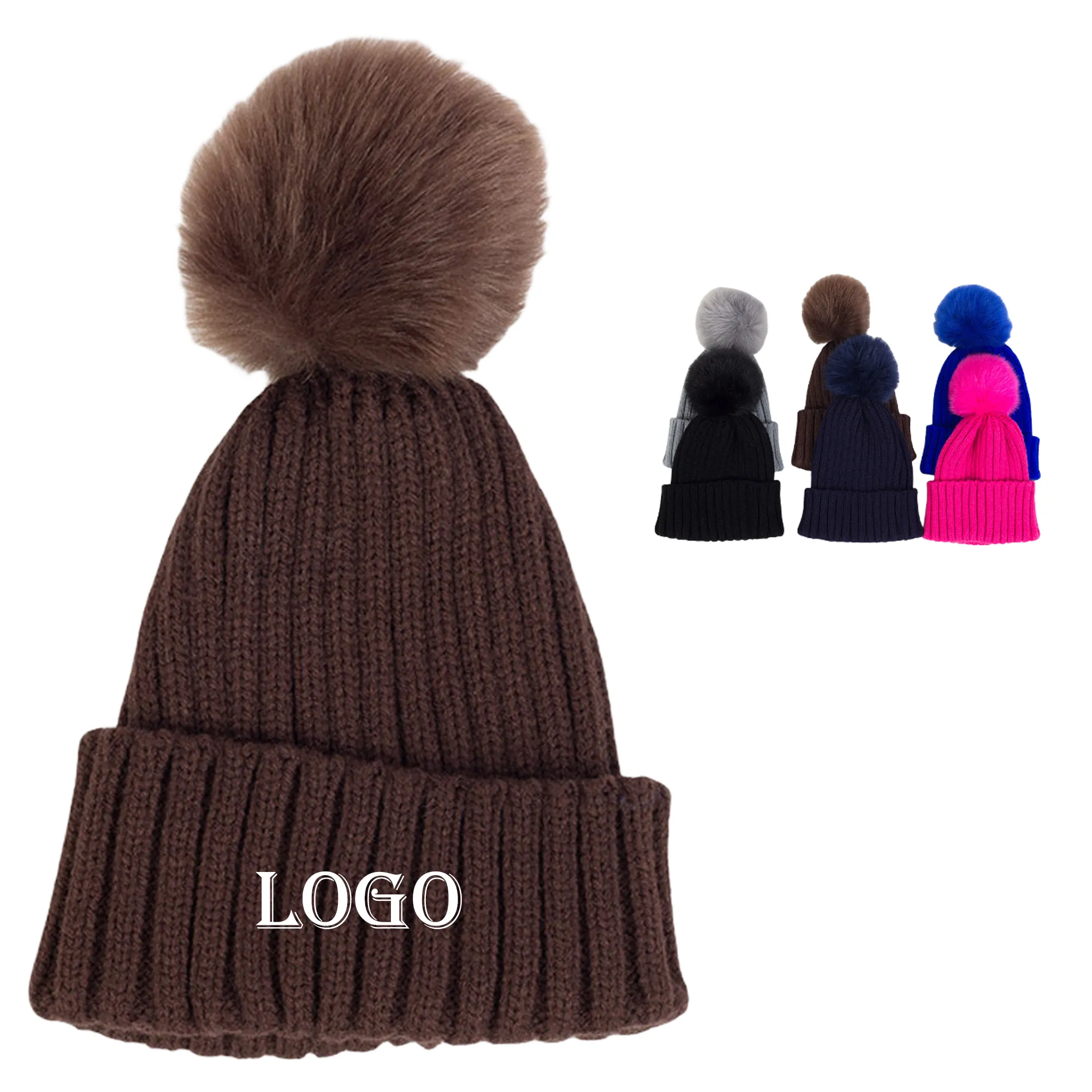 Winter Knitted Beanie Hat With Pom Fur 1