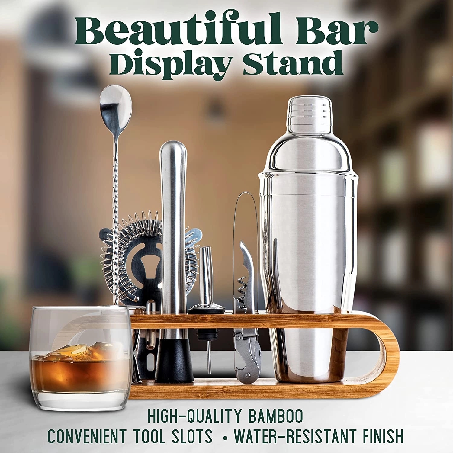 10-Piece Bar Tool Cocktail Shaker Set With Bamboo Stand 4