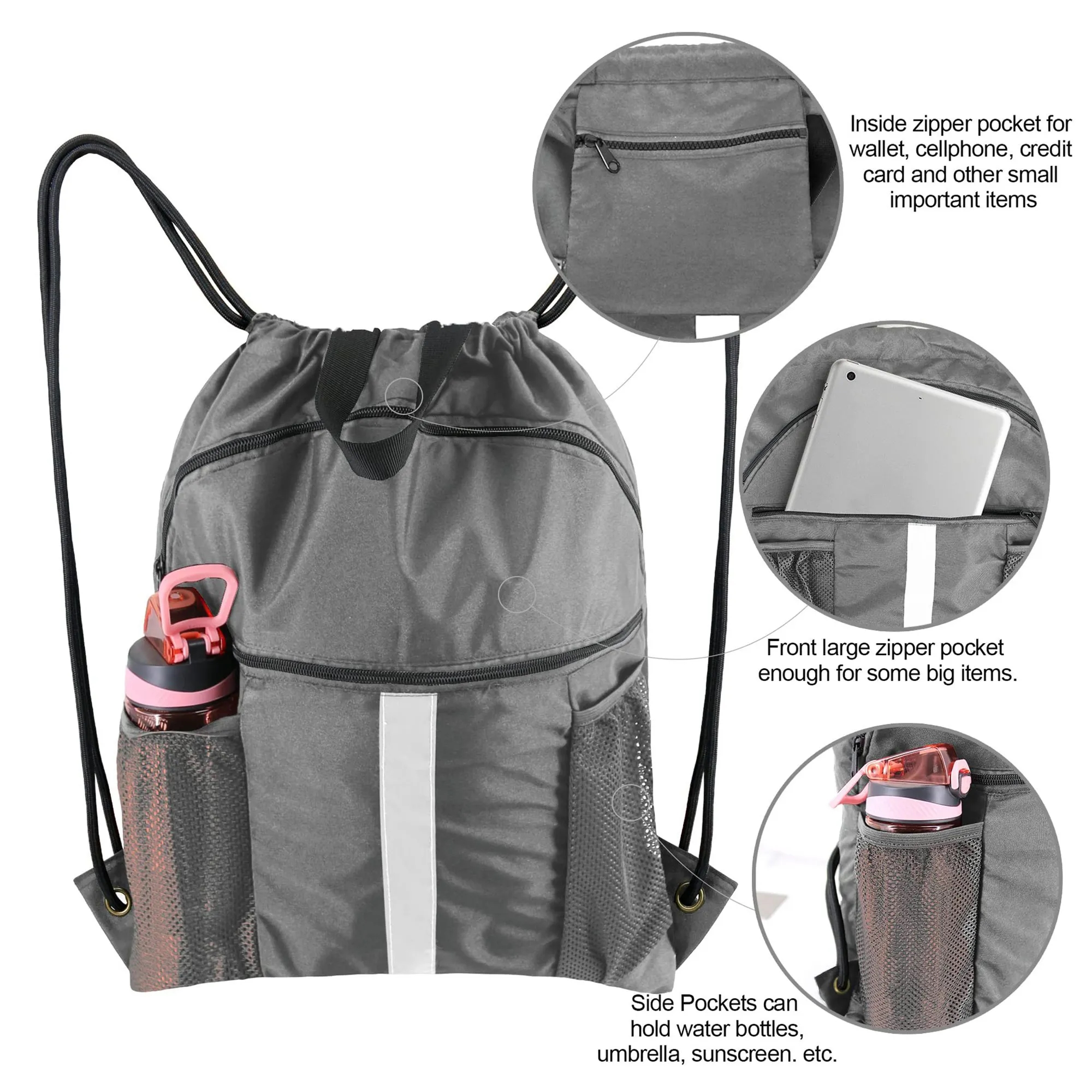 Drawstring Backpack Sports Gym Bag With Shoe Compartment 3