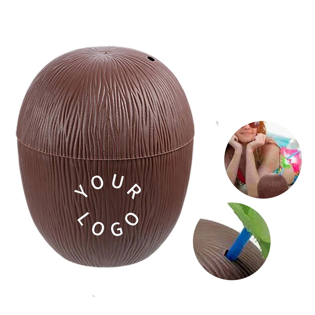 Customizable Coconut-Shaped Cup with Hibiscus Design 1