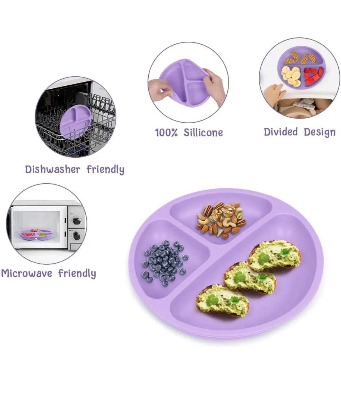 Toddler Plates with Suction,100% food-Grade Silicone Divided 6