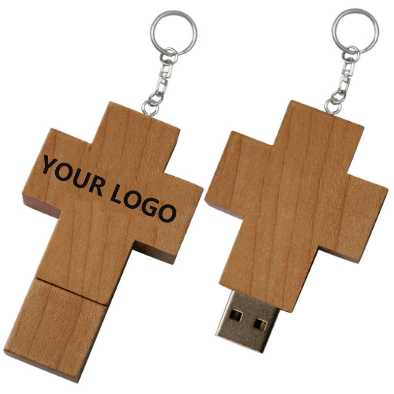 32GB Wood Cross USB Flash Drive w/Keychain 1