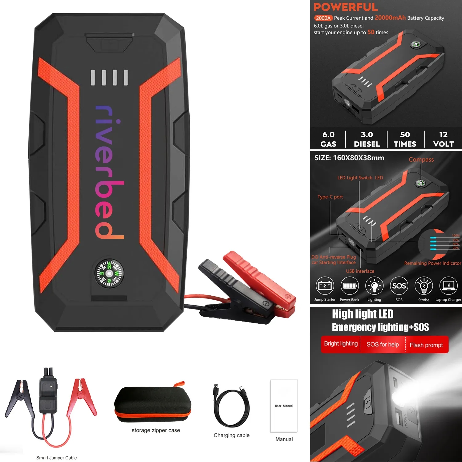 2000A Peak 20000mAh Portable Car Jump Starter Power Bank 4