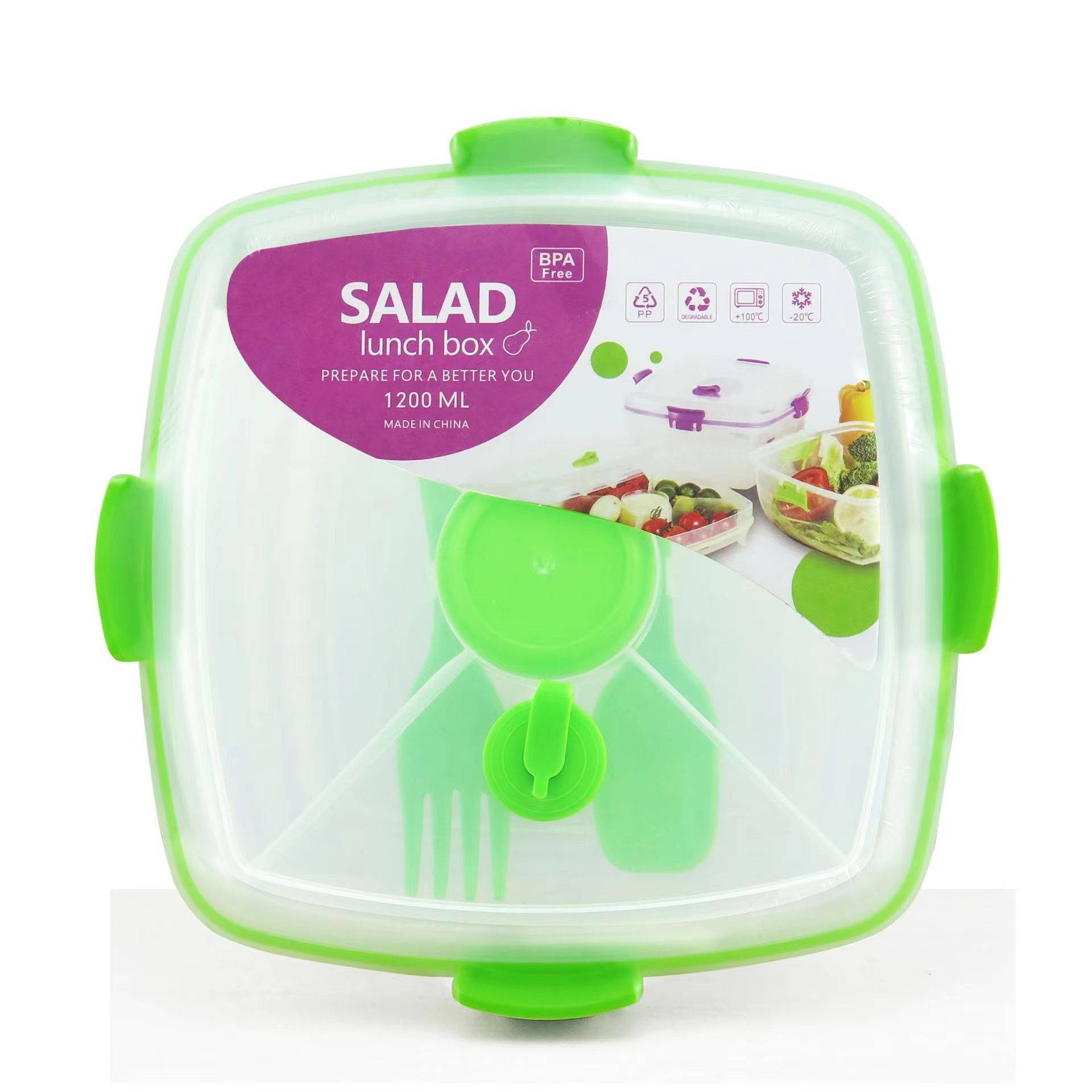 Transparent Plastic Salad Container w/ Utensils 3
