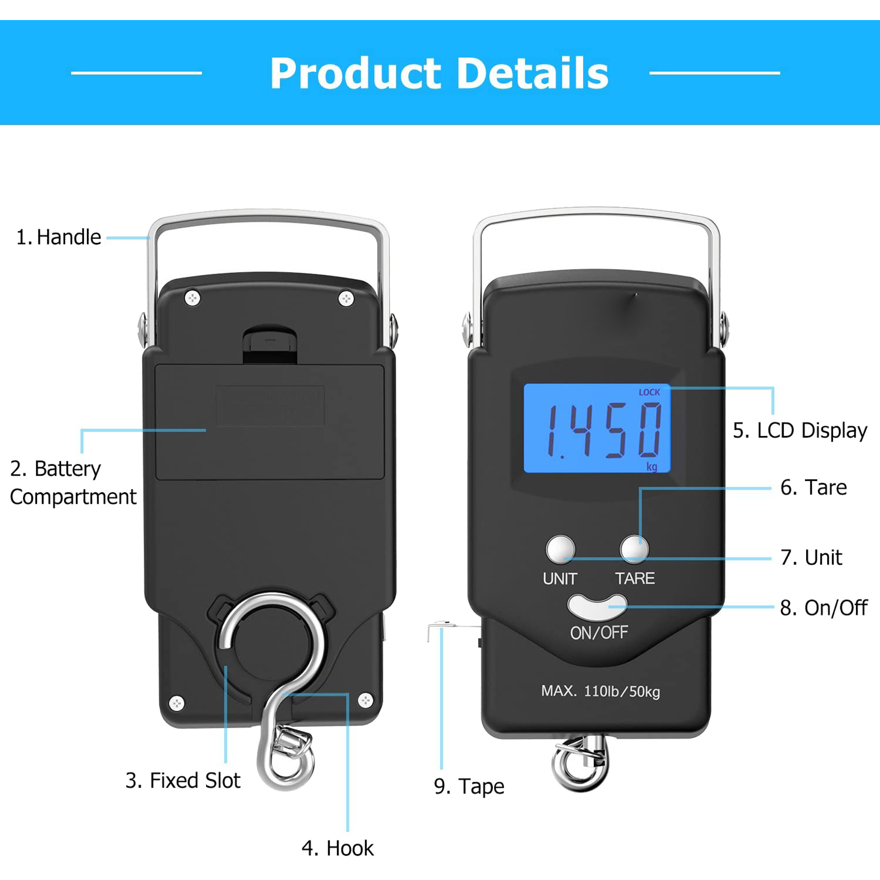 Backlit LCD Display 110lb/50kg PS01 Fishing Scale 2