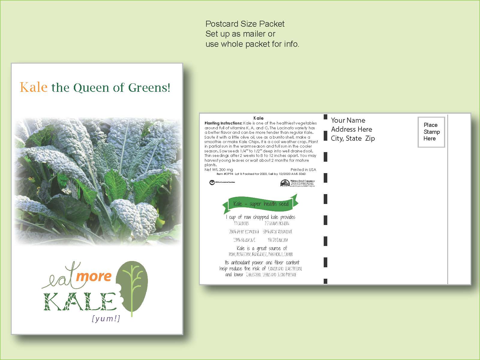 Kale Seed Packet - Postcard Mailer Size 4" x 6.5" 2