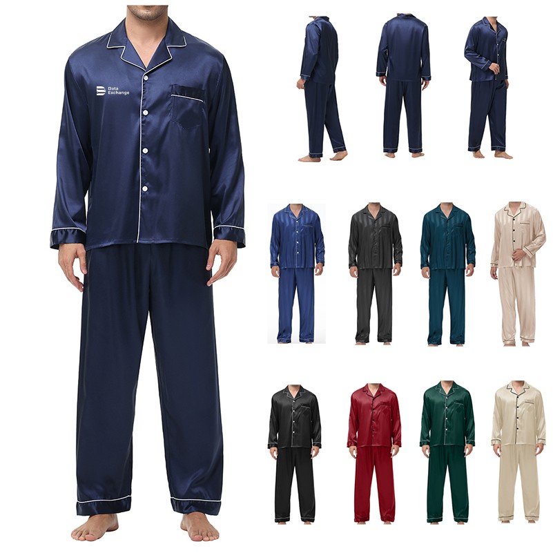 Pajamas Set Mens Silk Satin Pajamas Long Sleeve Loungewear Two-Piece Sleepwear 2