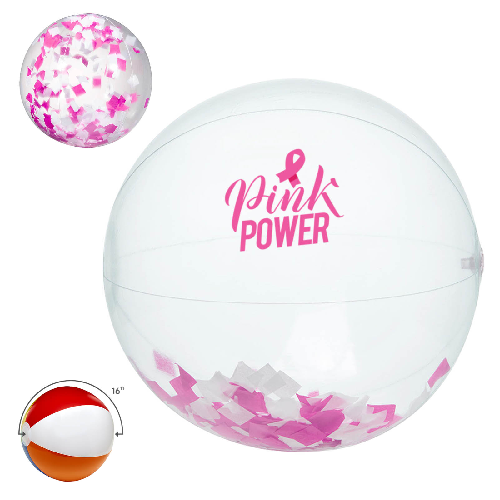 16" Pink and White Confetti Filled Round Beach Ball