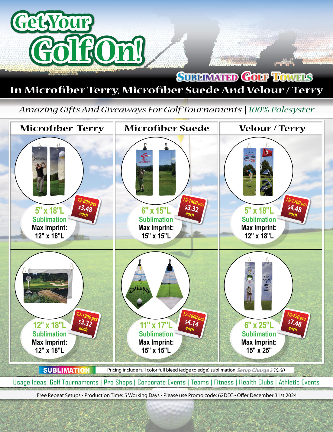 Microfiber Dri-Lite Terry Golf Towel, Finished size 5x18, Trifold Grommet & Hook, Sublimated 7