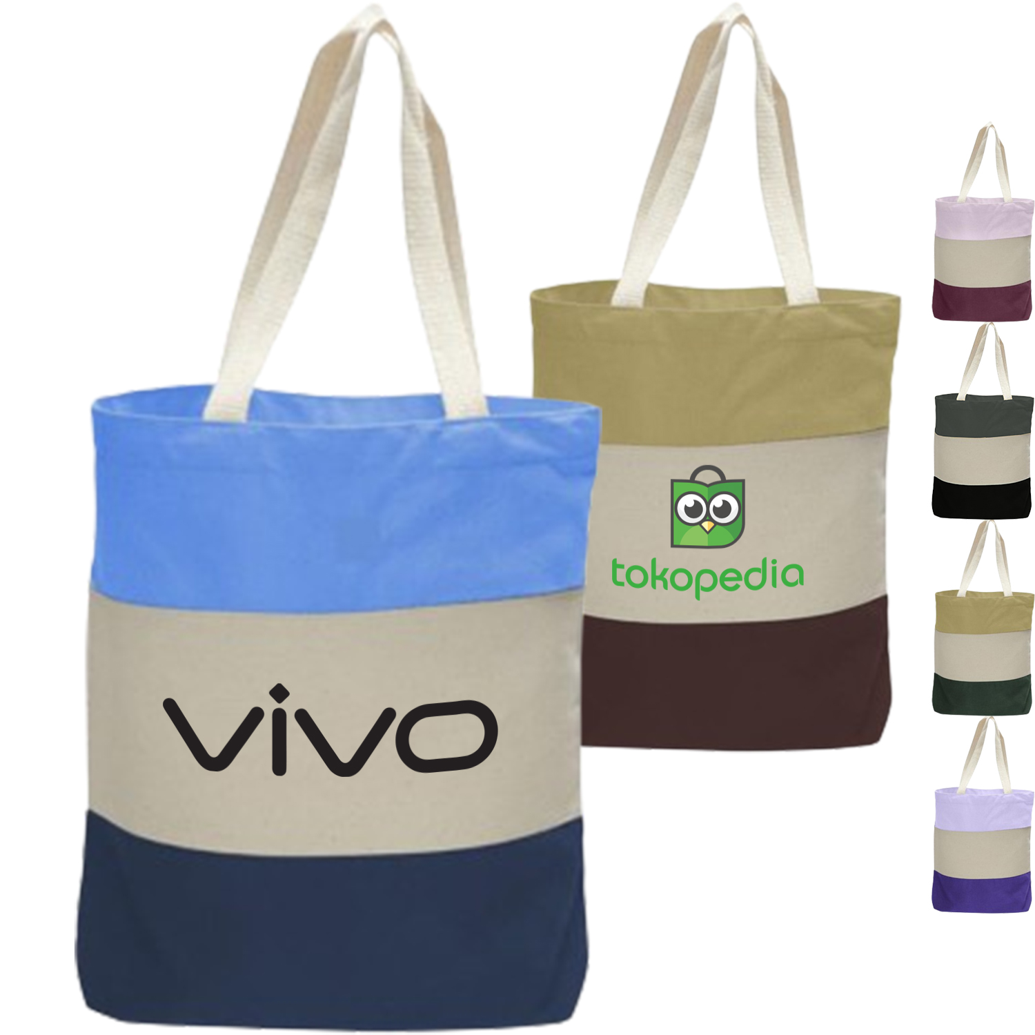 12 oz. Cotton Canvas Tri-Color Promotional Tote Bag USA Decorated (15" x 15") 1