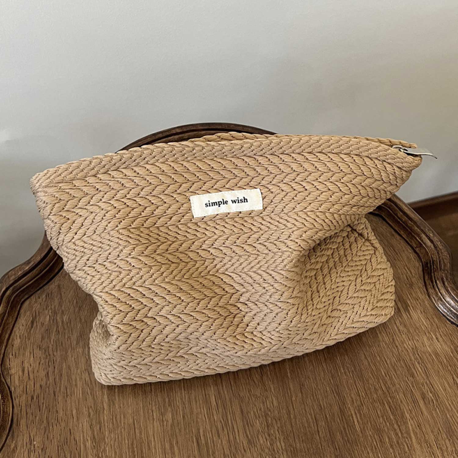 Plaid Woven Makeup Bag - Neutral Grain Pattern Cosmetic Case 2