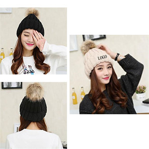 Women Winter Knitted Beanie Cap with Faux Fur