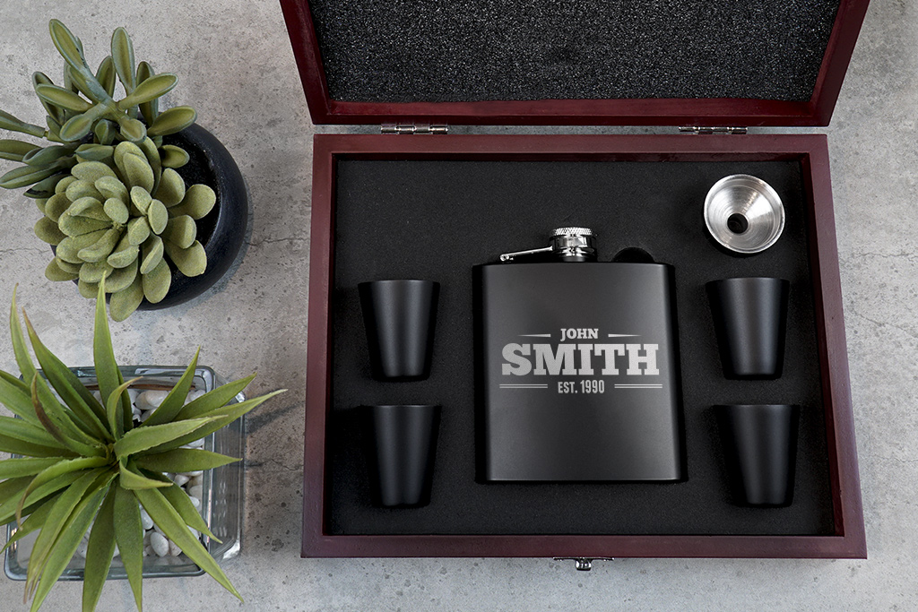 Black Flask Set in Rosewood Box, custom water bottle with logo imprint 2