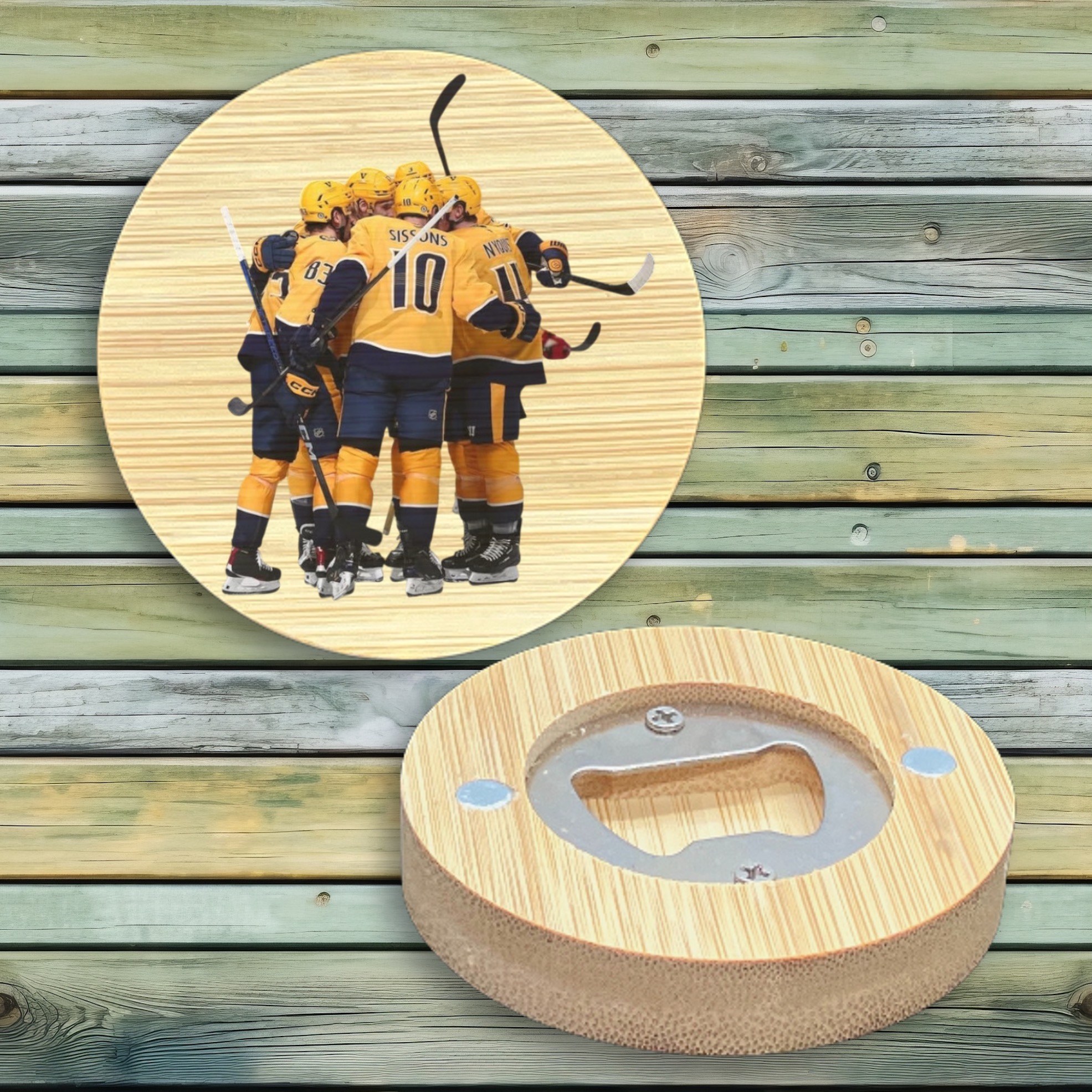 2.5" Round BAMBOO Bottle Opener Magnet 45