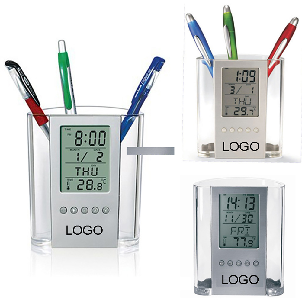 Pen Holder with Digital Clock Transparent Construction 1