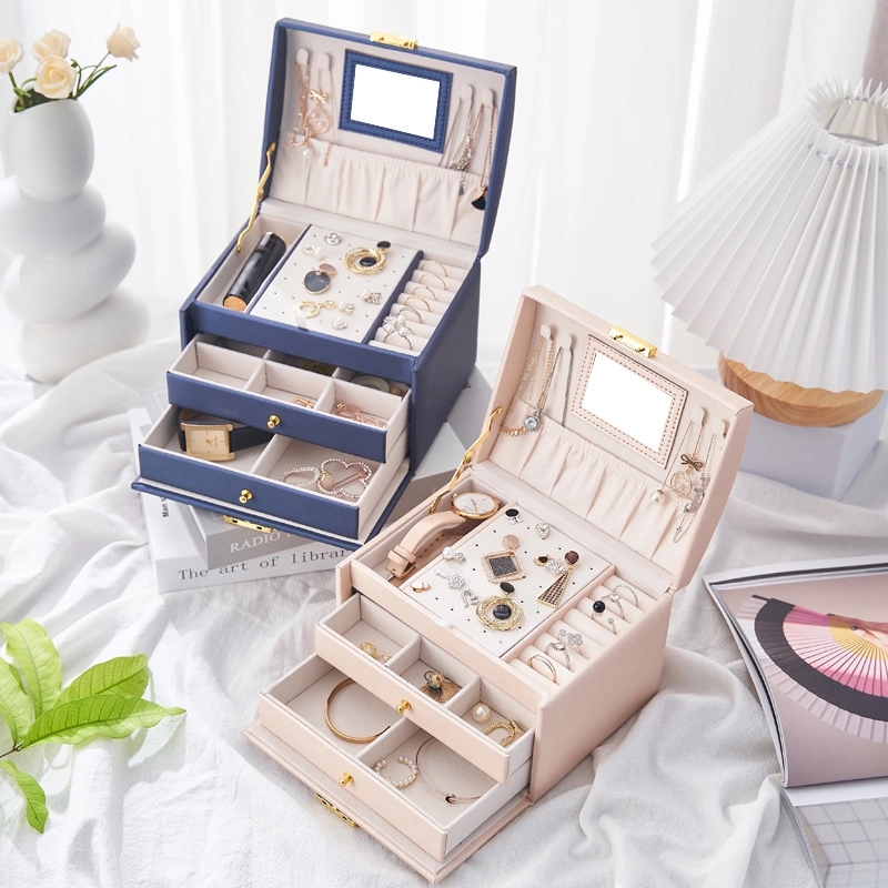 Custom 3-Layer PU Jewelry Organizer Box with Mirror / Hook 16