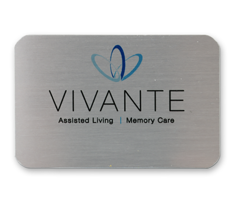 The Athena full color .040 metal name badge 2" x 3" 3