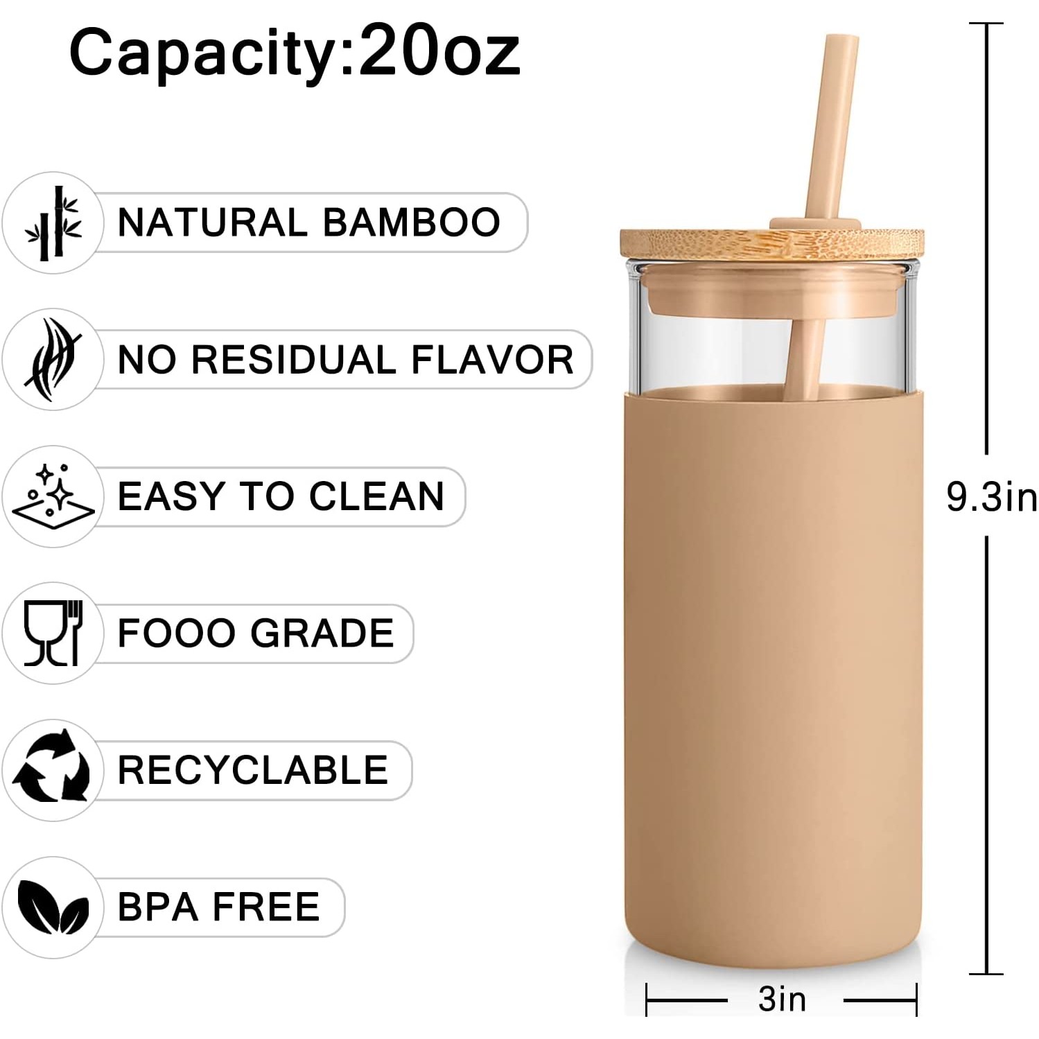 20Oz Glass Tumbler Straw Silicone Protective Sleeve Bamboo Lid - Bpa Free 6