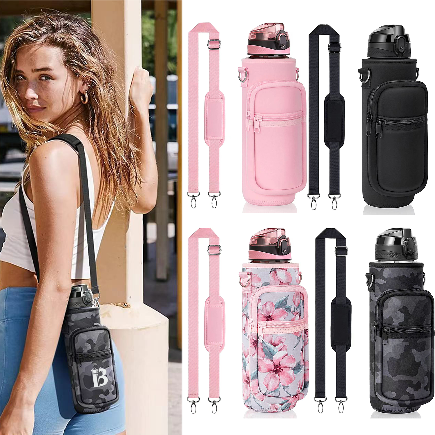 32oz Neoprene Water Bottle Sling Bag w/ Phone Pocket