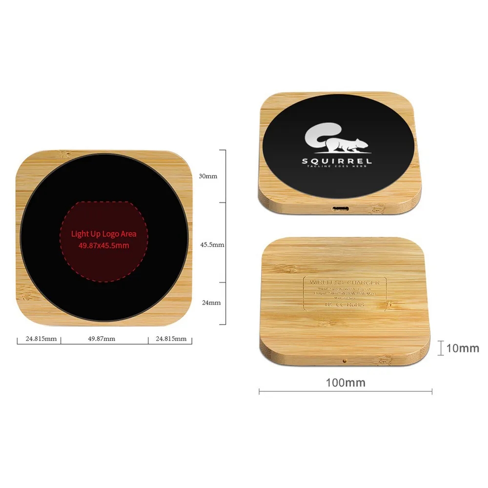 15W Fast Wireless Charger Nature Bamboo Light Up Your Logo 6