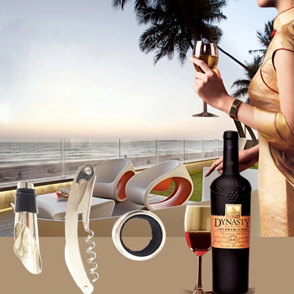 Bamboo Chess Board Wine Accessories Gift Set 2