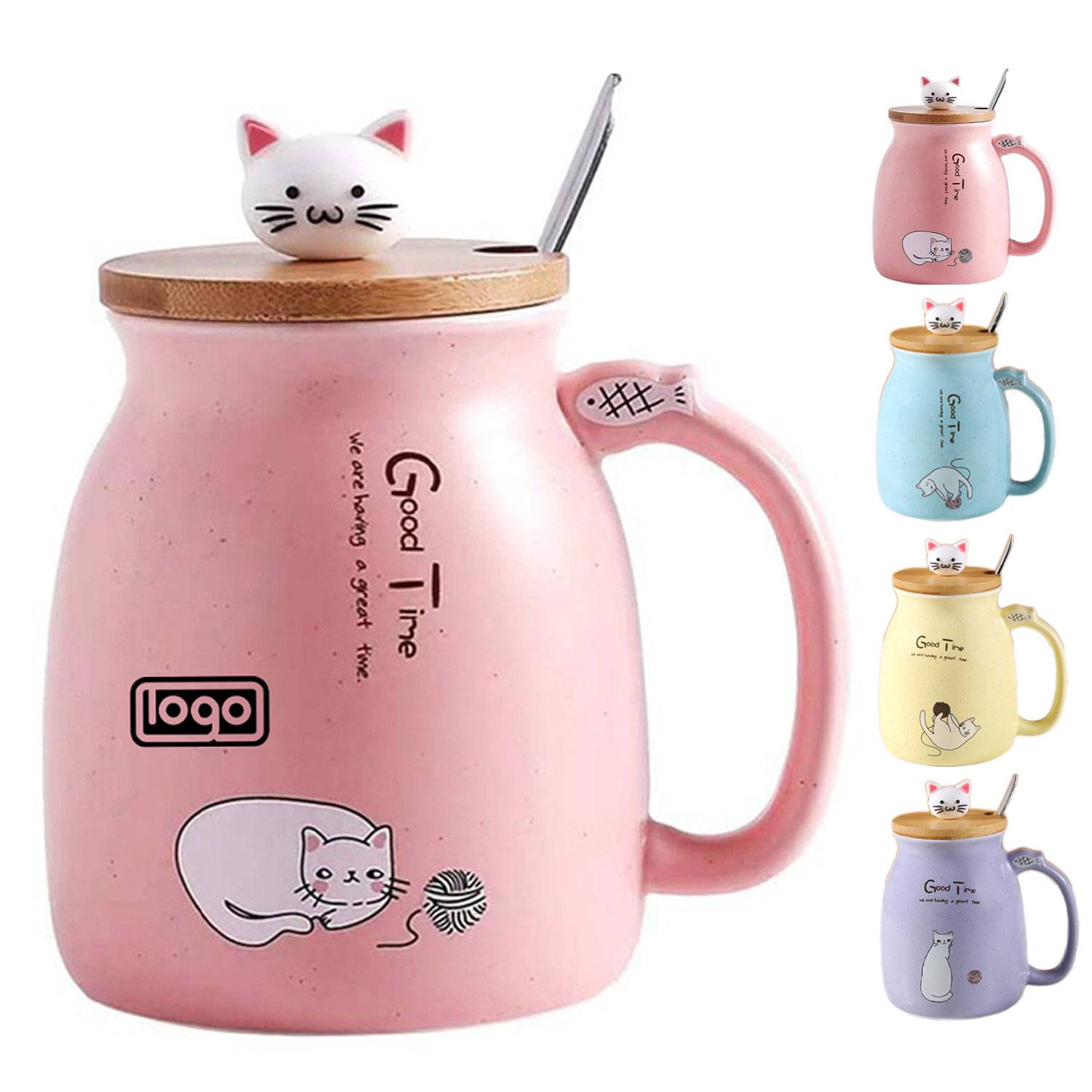 15oz Wooden Lid Cat Ceramic Mug w/ Spoon 4
