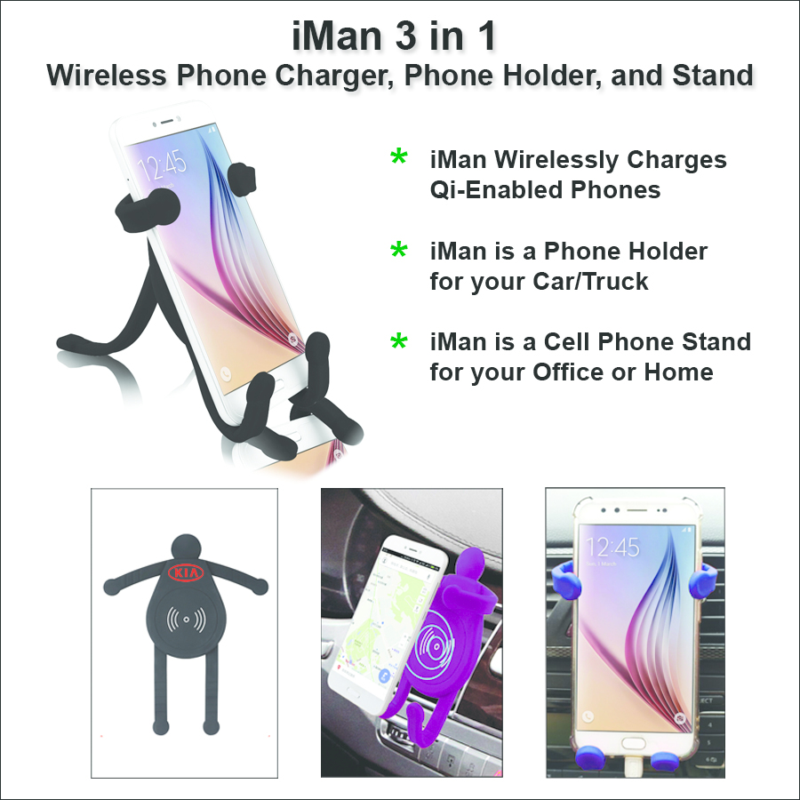 iMan 3 in 1 Wireless Phone Charger, Phone Holder, and Stand - Black