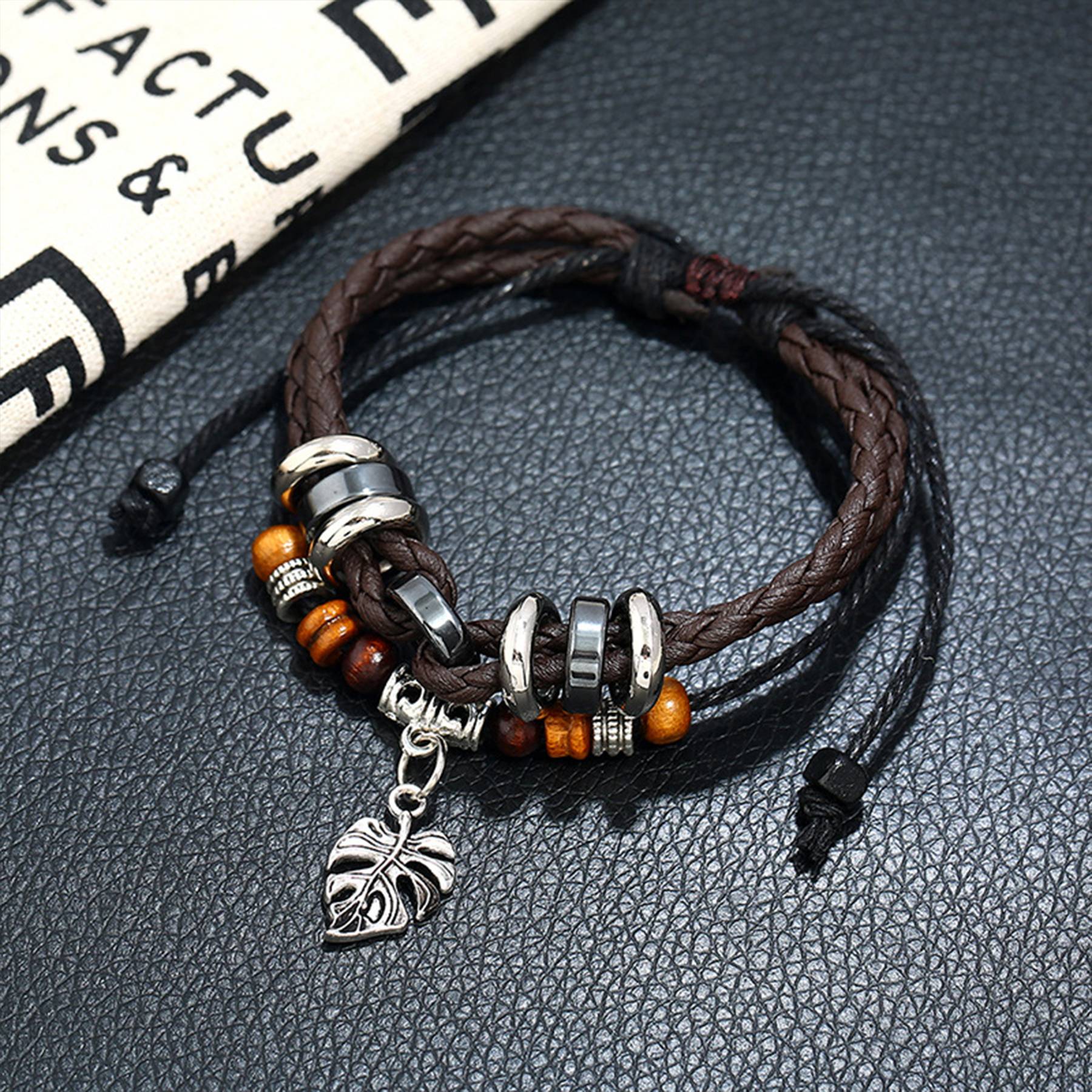PU Multi-layered woven leaf pendant men's bracelet 4
