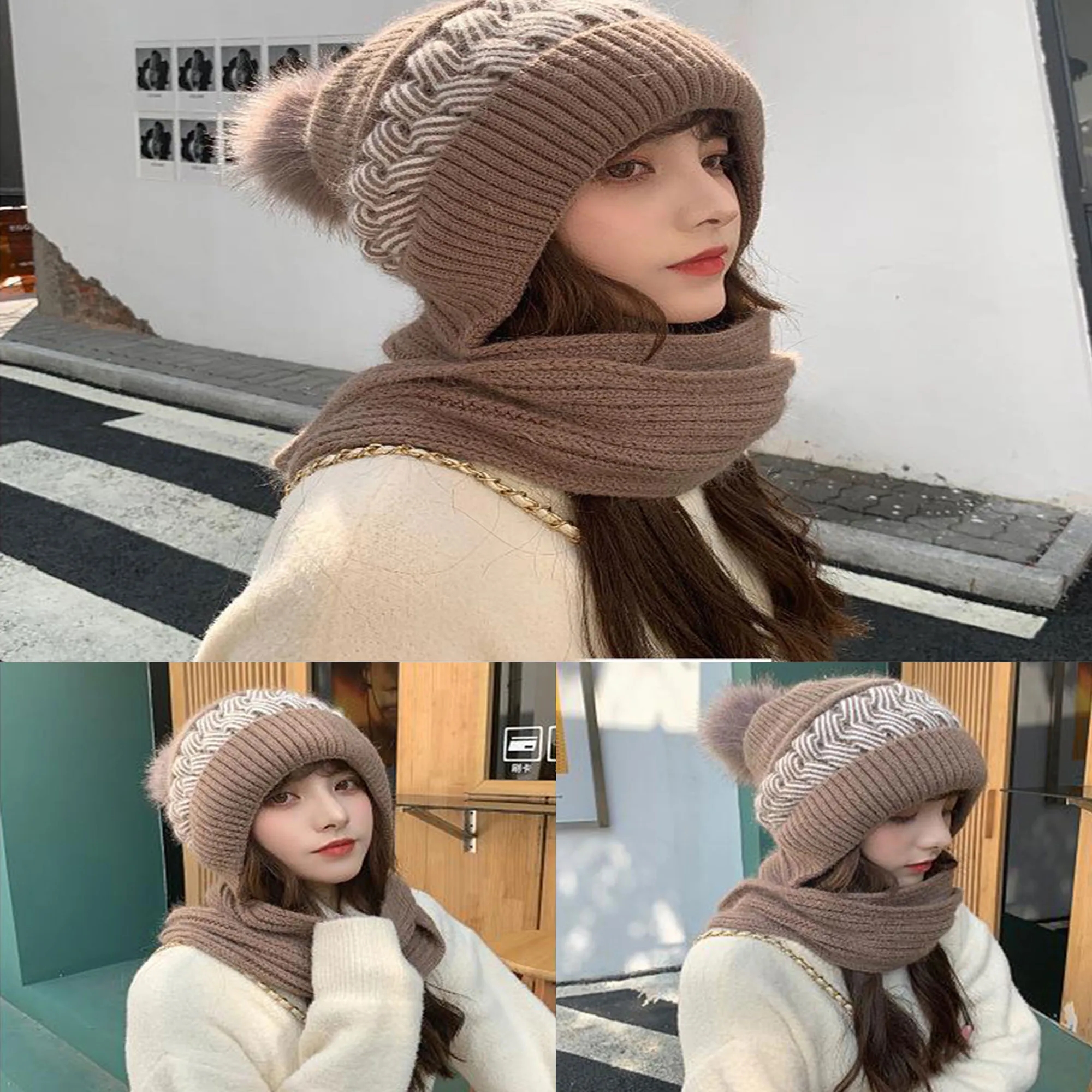 Warm Knitted Women Winter Hat With Scarf Pom-Pom 6