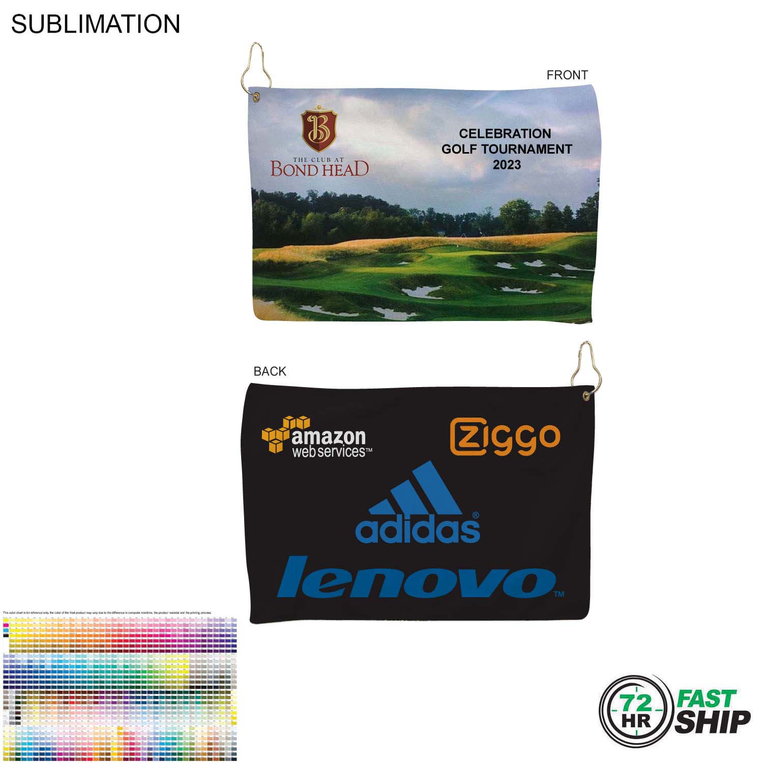 72 Hr Fast Ship - Microfiber Suede Golf Towel, 12x18, Nofold Grommet and Hook, Sublimated 2 sides 8