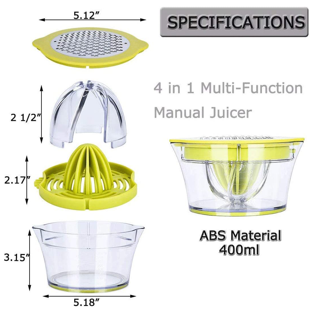 Manual Juicer / Fruit Squeezer with 17oz Built-in Strainer Measuring Cup and Grater 19
