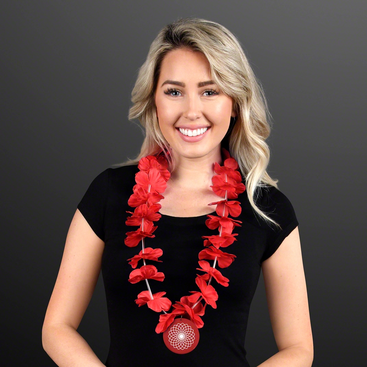 Red Flower Lei Necklace with Medallion (Non-Light Up) 3