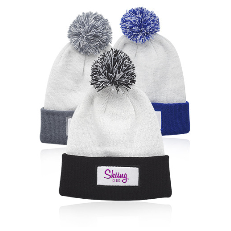 Two-Tone Patch Pompom Beanie Ski Cap 1