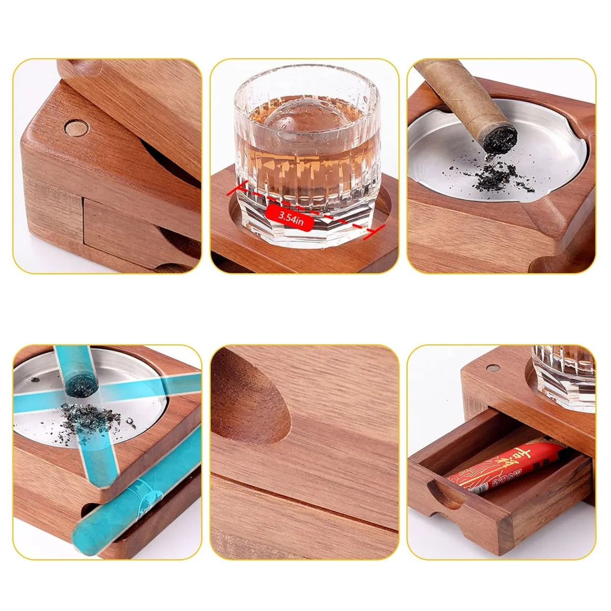 Wood Cigar Ashtray With Whiskey Glass Holder And Drawer 2