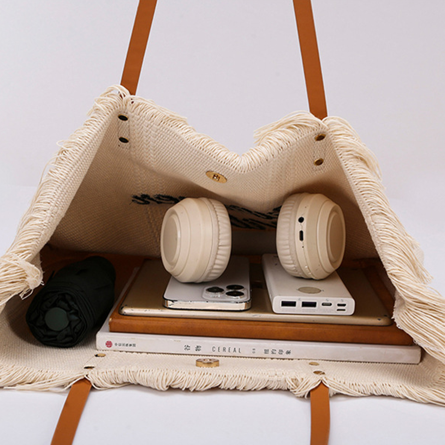Women Large Beach Canvas Tote Bag Summer Vibes Tassel 18