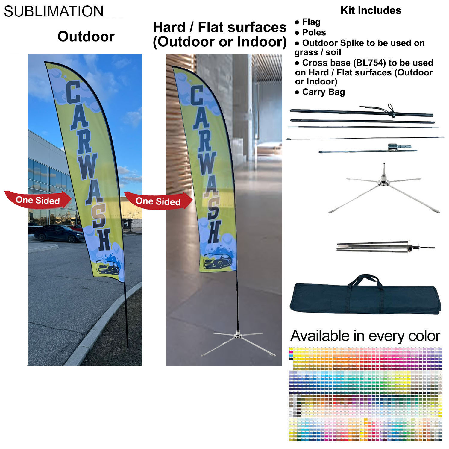 13' Medium Feather Flag Kit, Full Color Graphics One Side, Outdoor Spike base, Indoor Cross Base 5