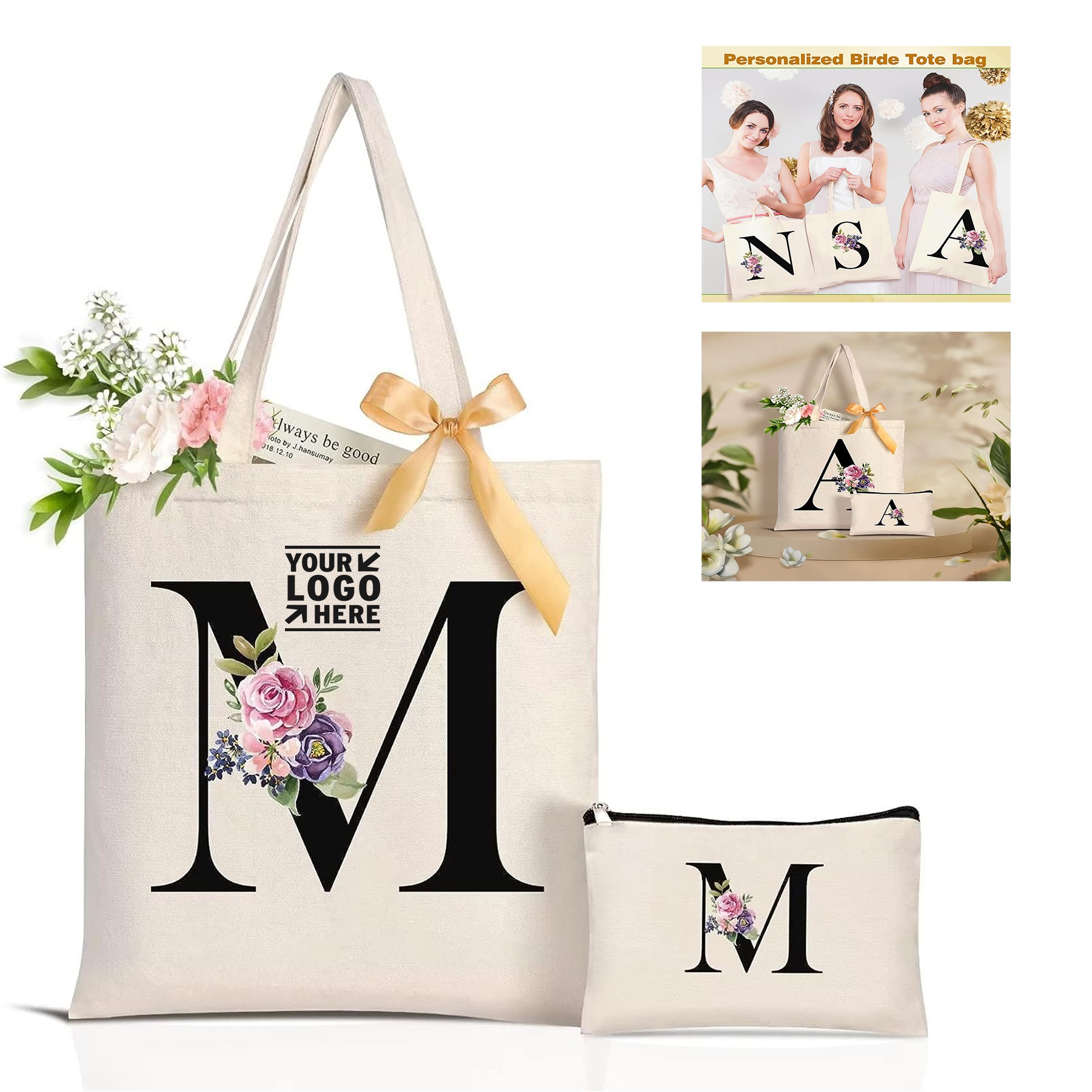 Women Reusable Grocery Monogrammed Gift Personalized Initial Canvas Tote And Makeup Travel Bag 2