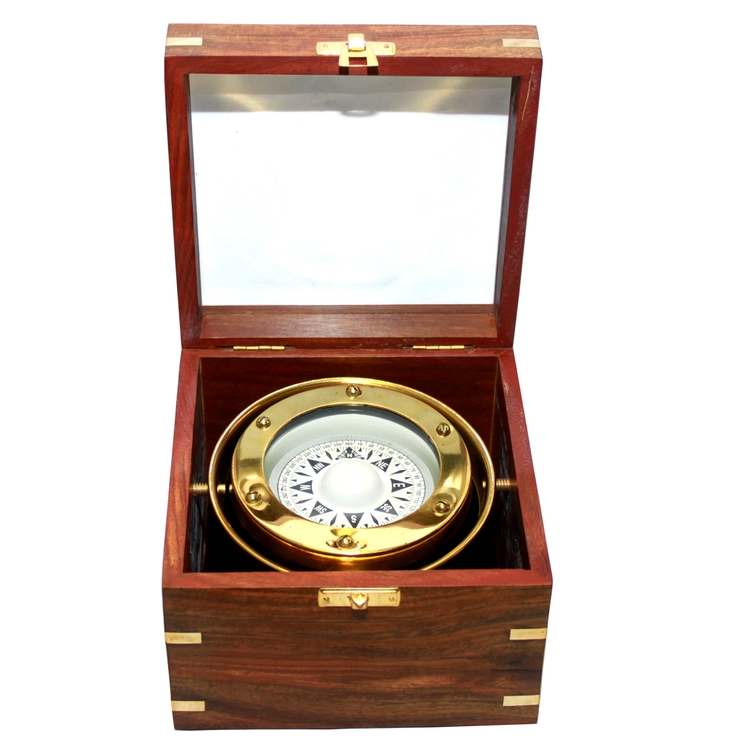 Jumbo Vintage Gimble Brass Compass in Teak Wood Box 1