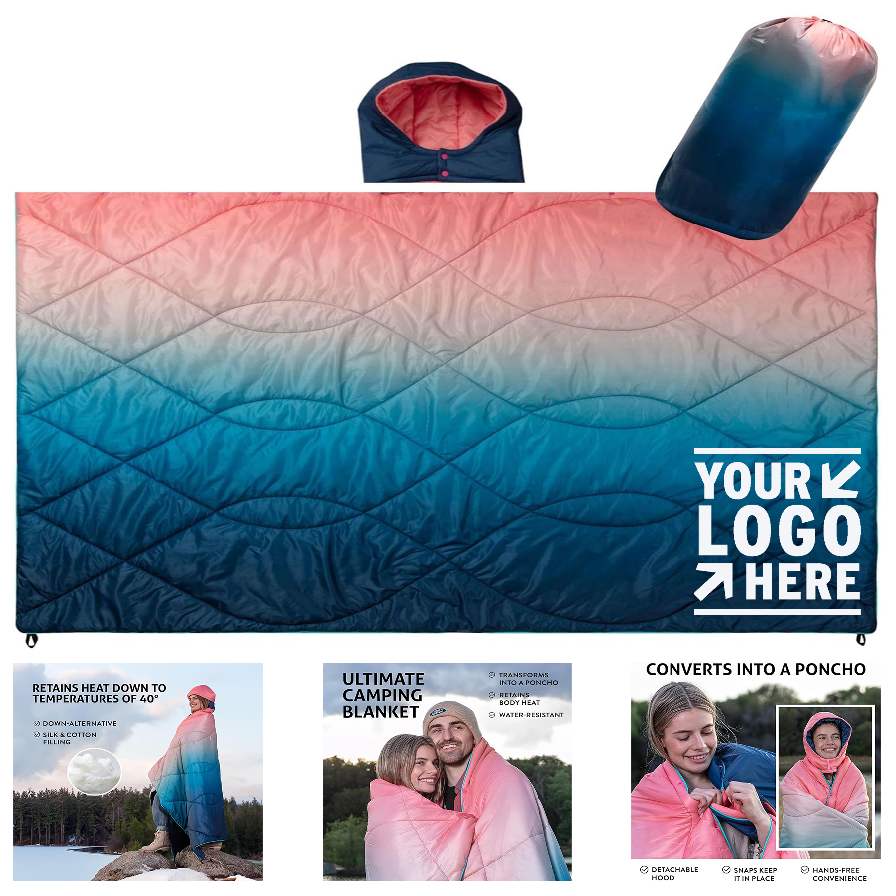 Detachable Hood Lightweight Packable Backpacking Travel Camping Blanket With Carrying Bag