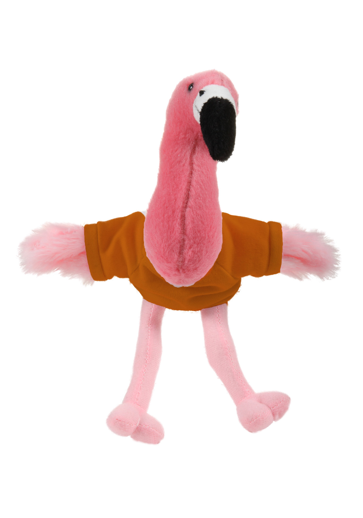Soft Plush Sitting Flamingo waering a T-Shirt 2