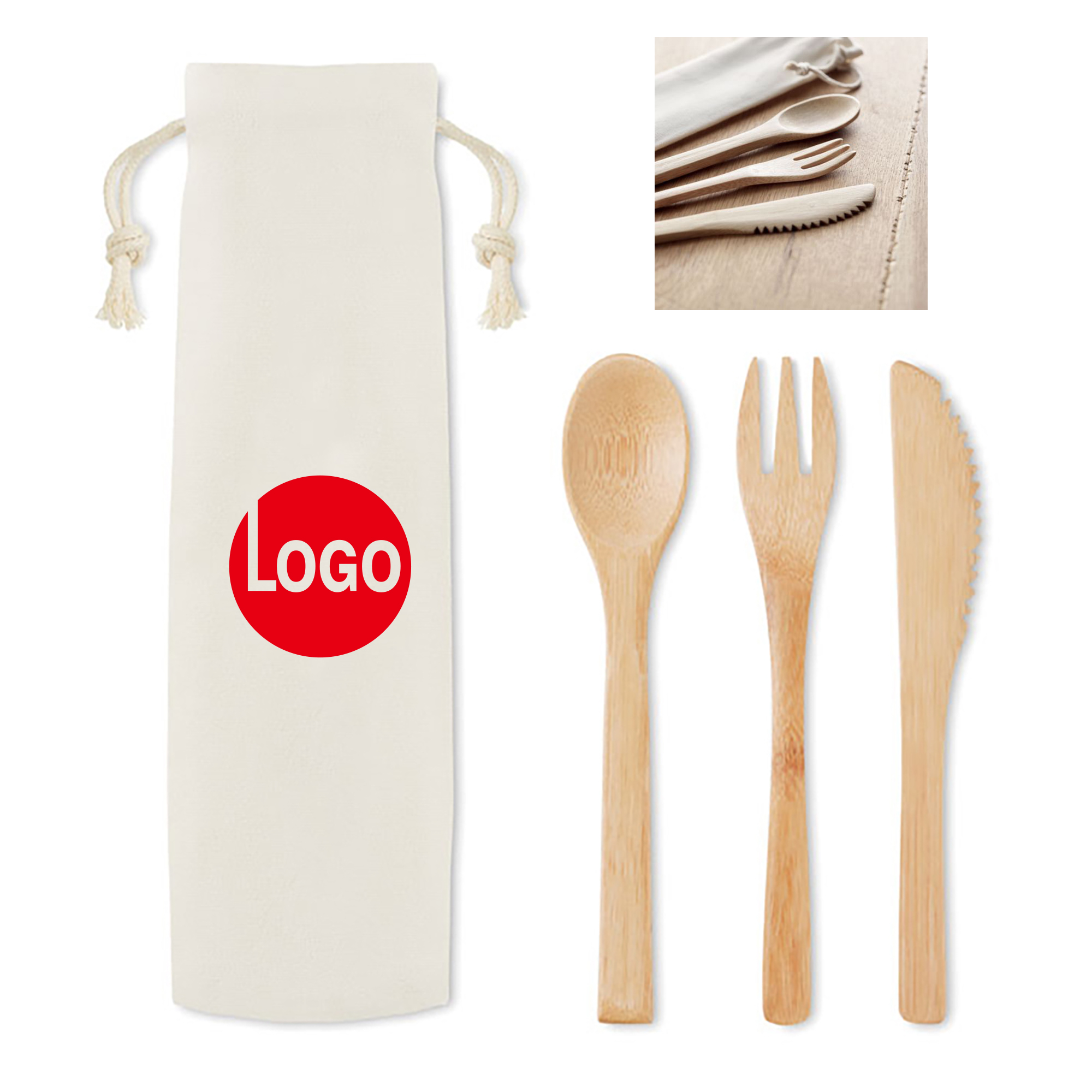 Bamboo Utensil Set with Cotton Drawstring Pouch 5