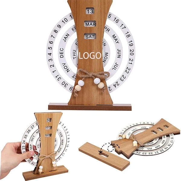 Manual Rotating Wooden Disc Perpetual Desk Calendar 3
