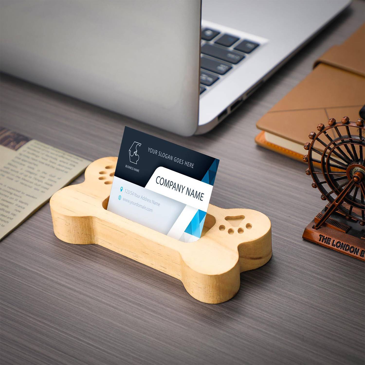 Desktop solid wood business card holder, custom desk accessory with logo imprint 4