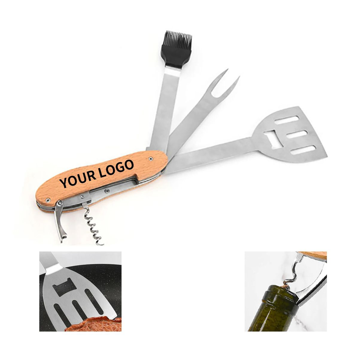 Compact BBQ Tool with Spatula Fork Opener and Brush 2